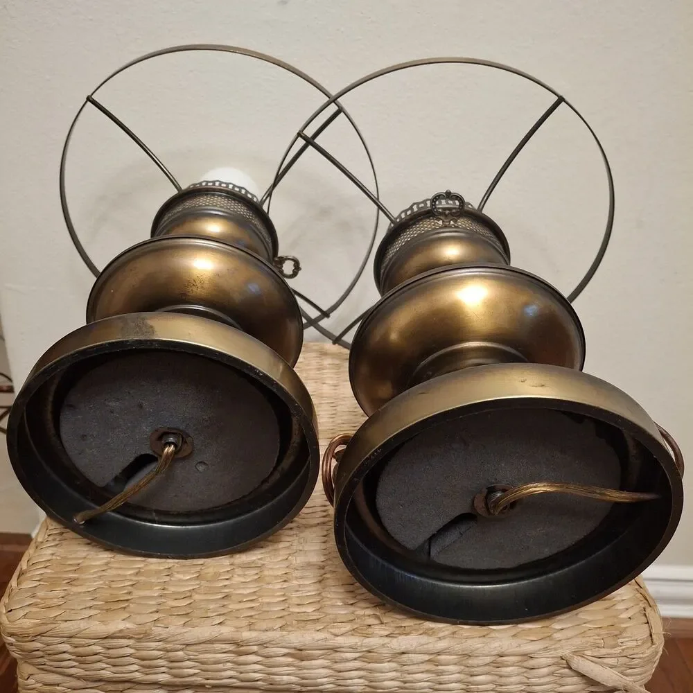 Vintage MCM Mid Century Brass Electric Oil Style Table Lamp (2) Retro Regency